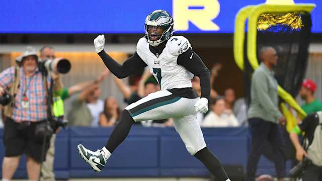Oct 8, 2023; Inglewood, California, USA; Philadelphia Eagles linebacker Haason Reddick (7) celebrates after sacking Los Angeles Rams quarterback Matthew Stafford (9) during the second half at SoFi Stadium.